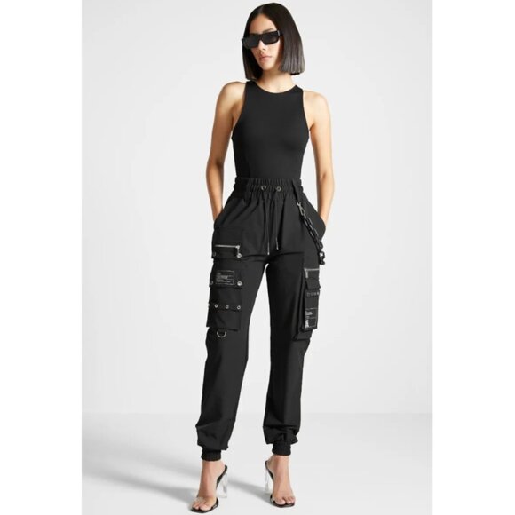 Maniere De Voir Cargo Pants Marble Matte Chain Black High-Rise Waist Edgy Gothic - Picture 3 of 10